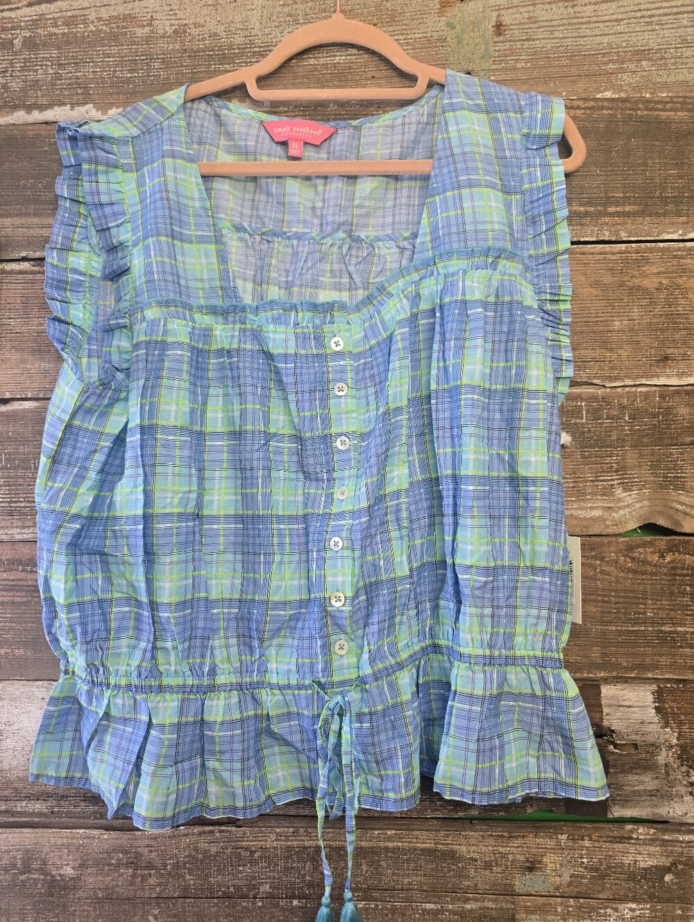Simply Southern Light Blue & Green Plaid Ruffle Tie-Waist Blouse